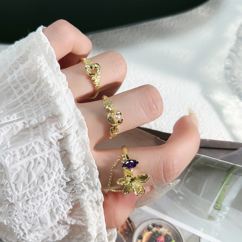 ins冷淡风精致花朵流苏链条开口戒指女小众个性拉丝珍珠简约指环