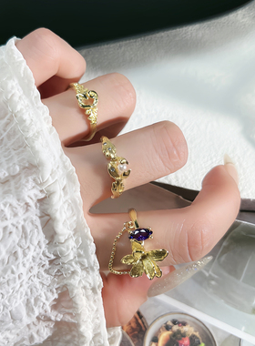 ins冷淡风精致花朵流苏链条开口戒指女小众个性拉丝珍珠简约指环