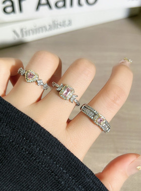 超闪爱心方形粉钻名媛风微镶气质戒指女甜酷时尚轻奢高级感食指戒