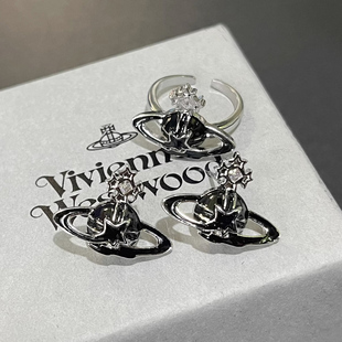 辣妹甜酷风西太后土星环绕滴油戒指耳钉女小众ins风设计感开口戒