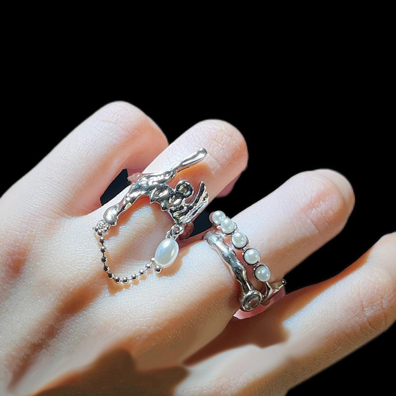 法式温柔甜酷星芒珍珠开口戒指女潮叠戴流苏ins风轻奢高级感指环