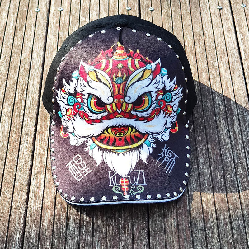 帽子国潮醒狮印花鸭舌帽中国风棒球帽春夏季新潮个性男帽硬顶宽檐
