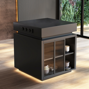 纯黑哑光岩板岛台柜单独可移动玻璃柜门多功能储物柜可定制餐边柜