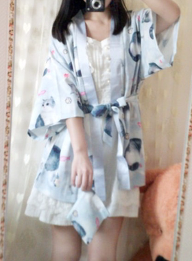 猫咪印花开衫防晒衫 外套水色灰蓝色羽织浴衣宅舞少女披風