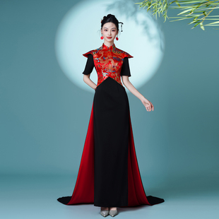 高端大气走秀旗袍2025年新款年会显瘦气质拖尾裙主持人演出晚礼服