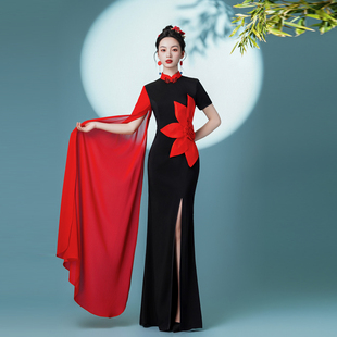 走秀旗袍2025新款高端模特表演出服装长款中国风复古改良鱼尾修身