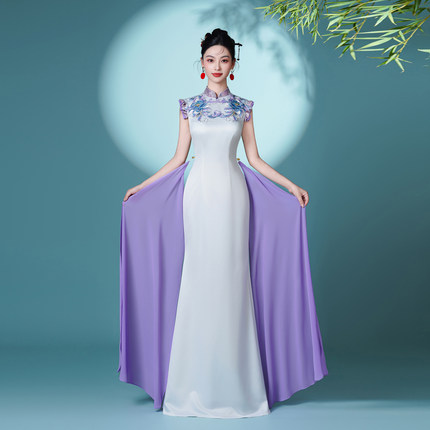 高级走秀旗袍2026年显瘦气质形体导师服鱼尾裙主持人演出礼服晚宴