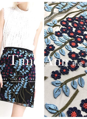 新品重工藏蓝色许愿树立体硬网纱刺绣蕾丝布料连衣裙diy服装面料