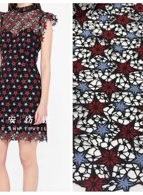 蓝色酒红色五角星镂空全水溶刺绣蕾丝布料高端连衣裙女装服装面料