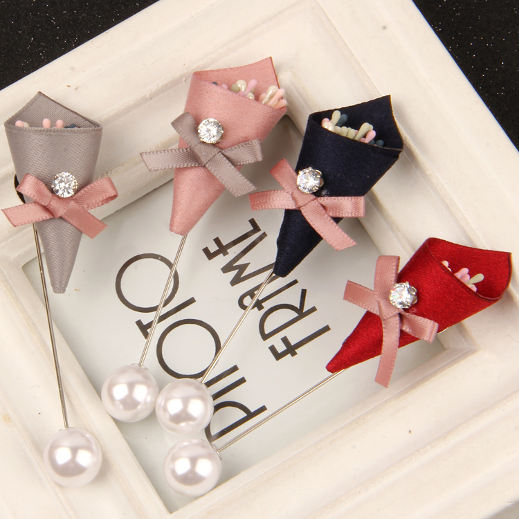 韩国配饰品 时尚布艺蝴蝶结花朵胸针长针扣胸花一字插针披肩扣女