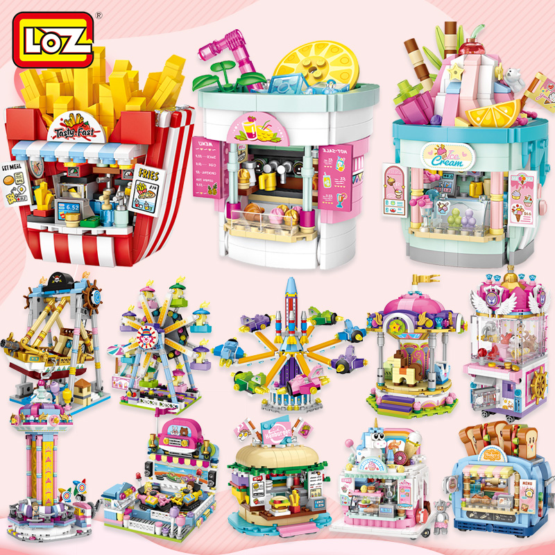 LOZ/俐智小颗粒积木女孩蛋糕薯条汉堡店游乐场摩天轮美食街景玩具