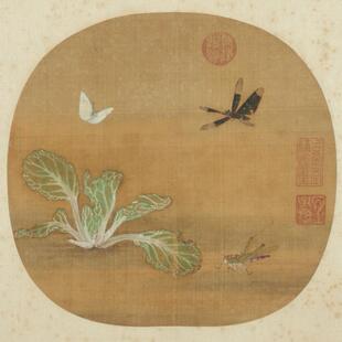 《野蔬草虫图》临摹课材料包：彩稿、线稿、框、绢、颜料、胶、砚