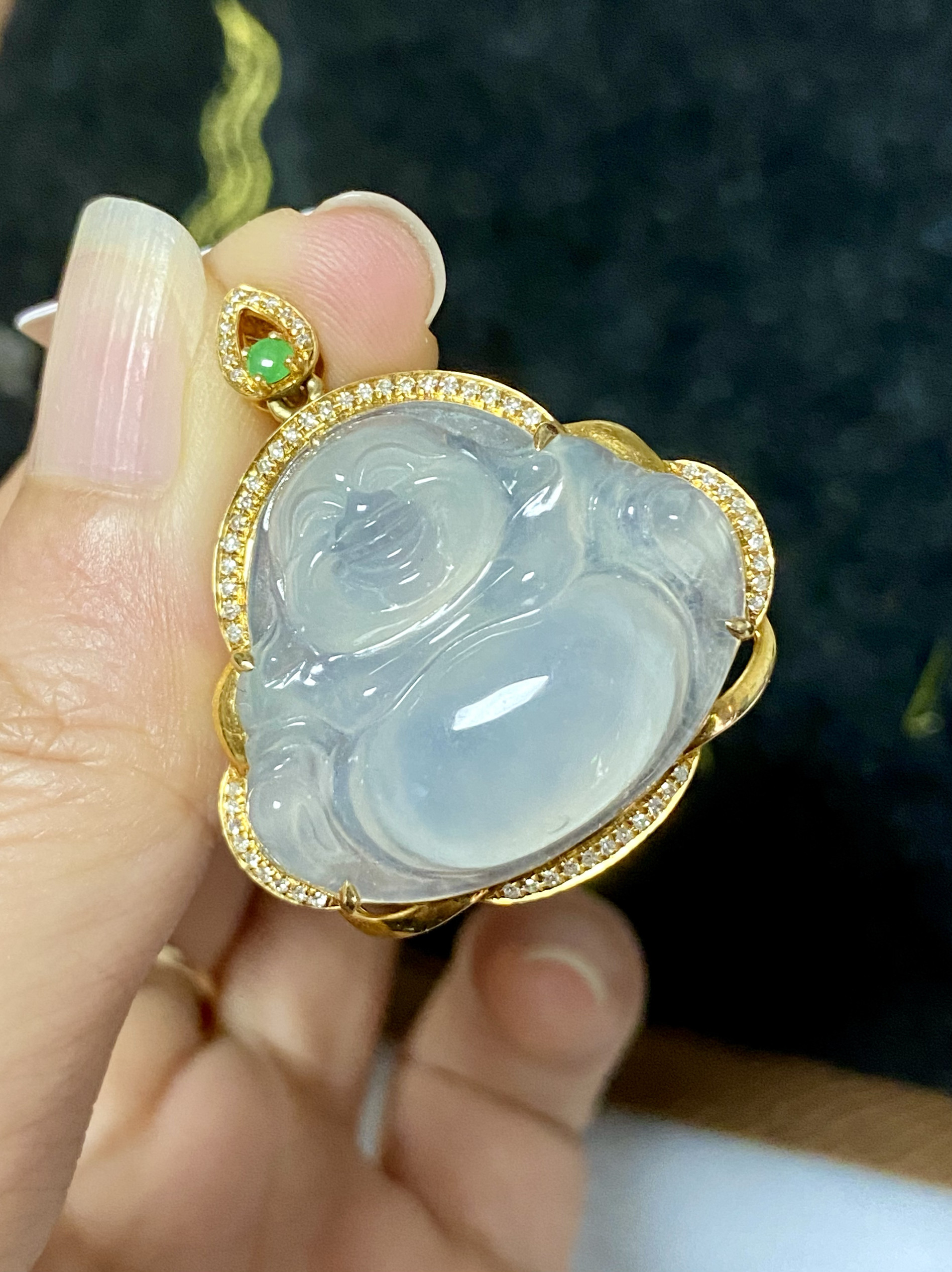 玉萌色天然翡翠佛公吊坠女款18k金镶嵌冰种弥勒佛挂坠