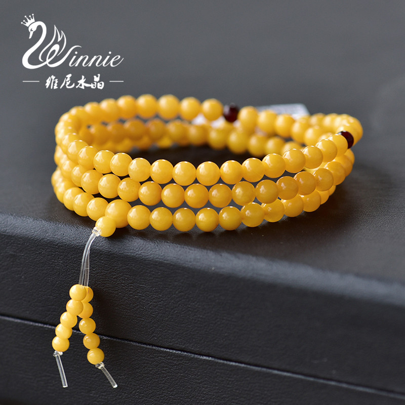 维尼 蜜蜡手串女款三圈圆珠配饰宫廷款鸡油黄俄罗斯纯天然老蜜男