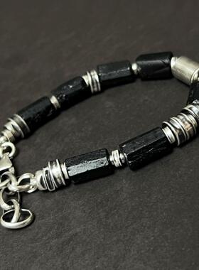 黑色天然碧玺宝石串珠纯银手链