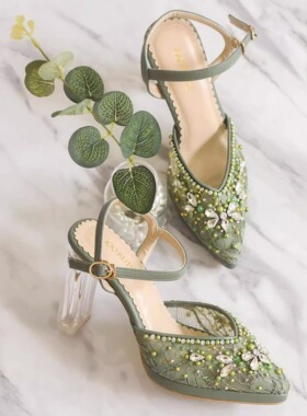 印尼代购Wedding㊣ 手作优雅绿色蕾丝尖头珍珠贴花花园派对婚鞋