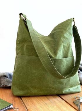 Canvas㊣法国代购 手作迷人简约休闲拉链纯绿色过蜡帆布单肩包