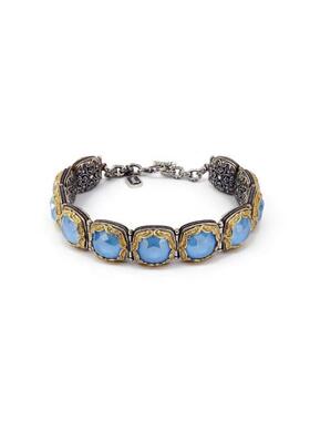 希腊代购Bracelet㊣ 手作华丽蓝色水晶石镶嵌复古925纯银镀金手链