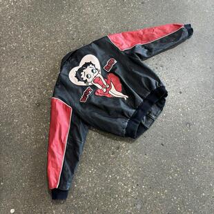 美国代购 古着收藏红黑色皮革拼接夹克可爱卡通刺绣皮衣 Jacket㊣