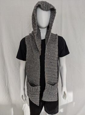 Scarf美国代购 手作迷人复古带口袋温暖灰色毛线编织连帽围巾