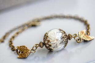 奥地利代购Dandelion◇手作复古真正蒲公英植物玻璃叶子铜色手链