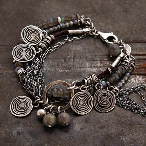 波兰代购Bracelet㊣ 手作闪闪发光蓝色拉长石串珠氧化925纯银手链