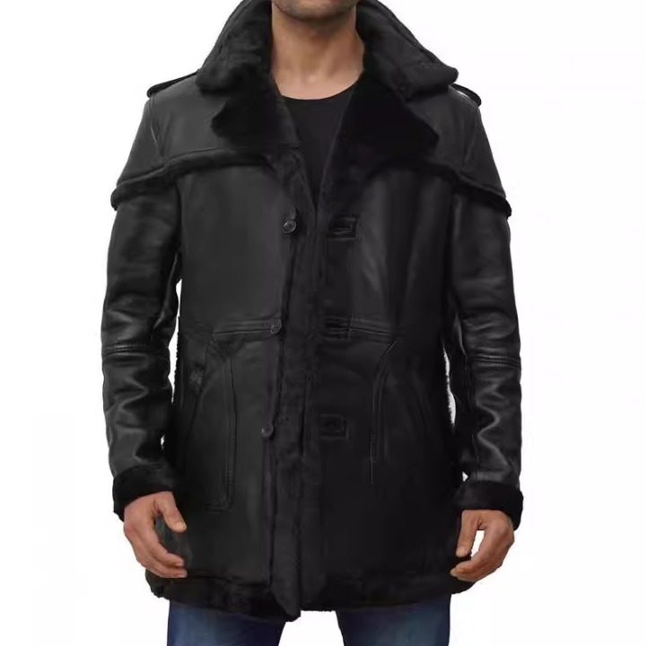 Coat㊣海外代购 手作迷人飞行员大衣内衬毛绒西装领黑色真羊皮衣