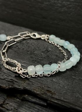 天河石宝石立方体串珠纯银手链