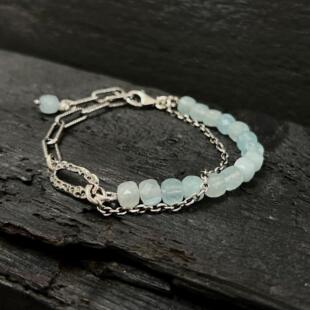 英国代购Silver◇手作浅蓝色天河石宝石立方体串珠银链纯银手链