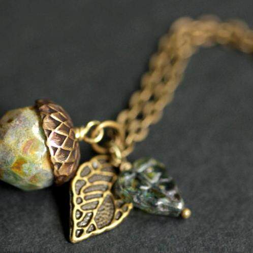 美国代购Necklace▼手作精致小巧青铜色水晶绿色橡树橡子吊坠项链