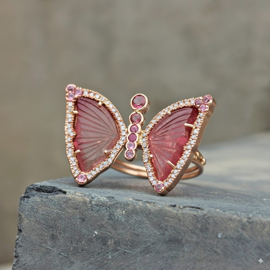 美国代购Tourmaline ▽手作14K纯黄金天然钻石多颗碧玺蝴蝶形戒指