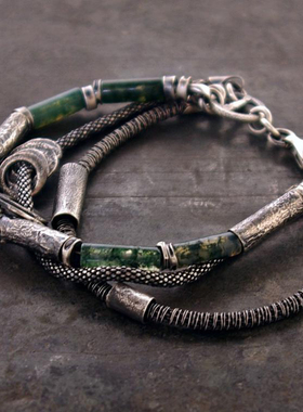 925纯银复古苔藓玛瑙银管手链