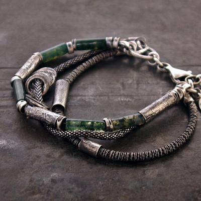 925纯银复古苔藓玛瑙银管手链