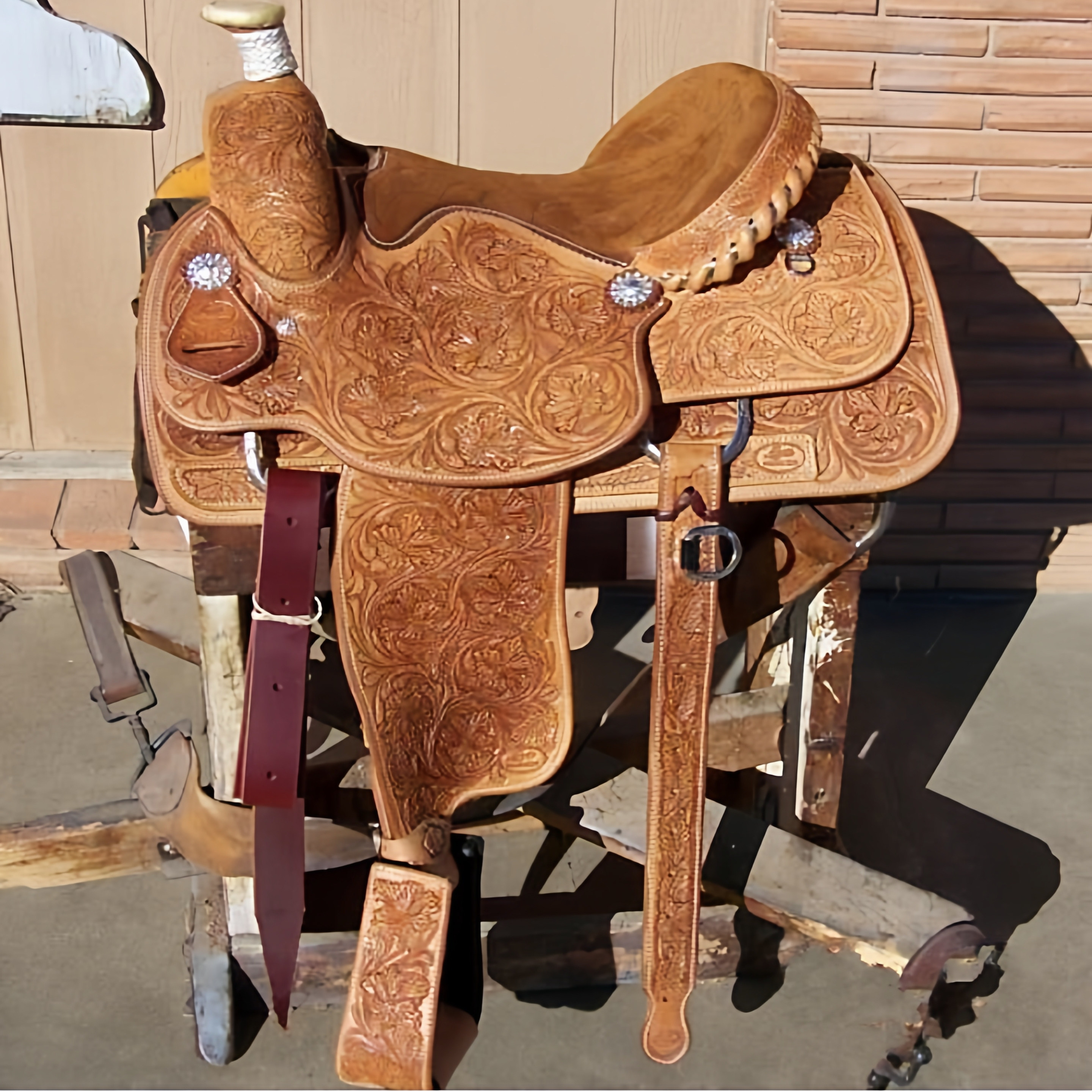 海外代购Saddle◎手作定制天然色搭配马笼头胸带肚带西部表演马鞍