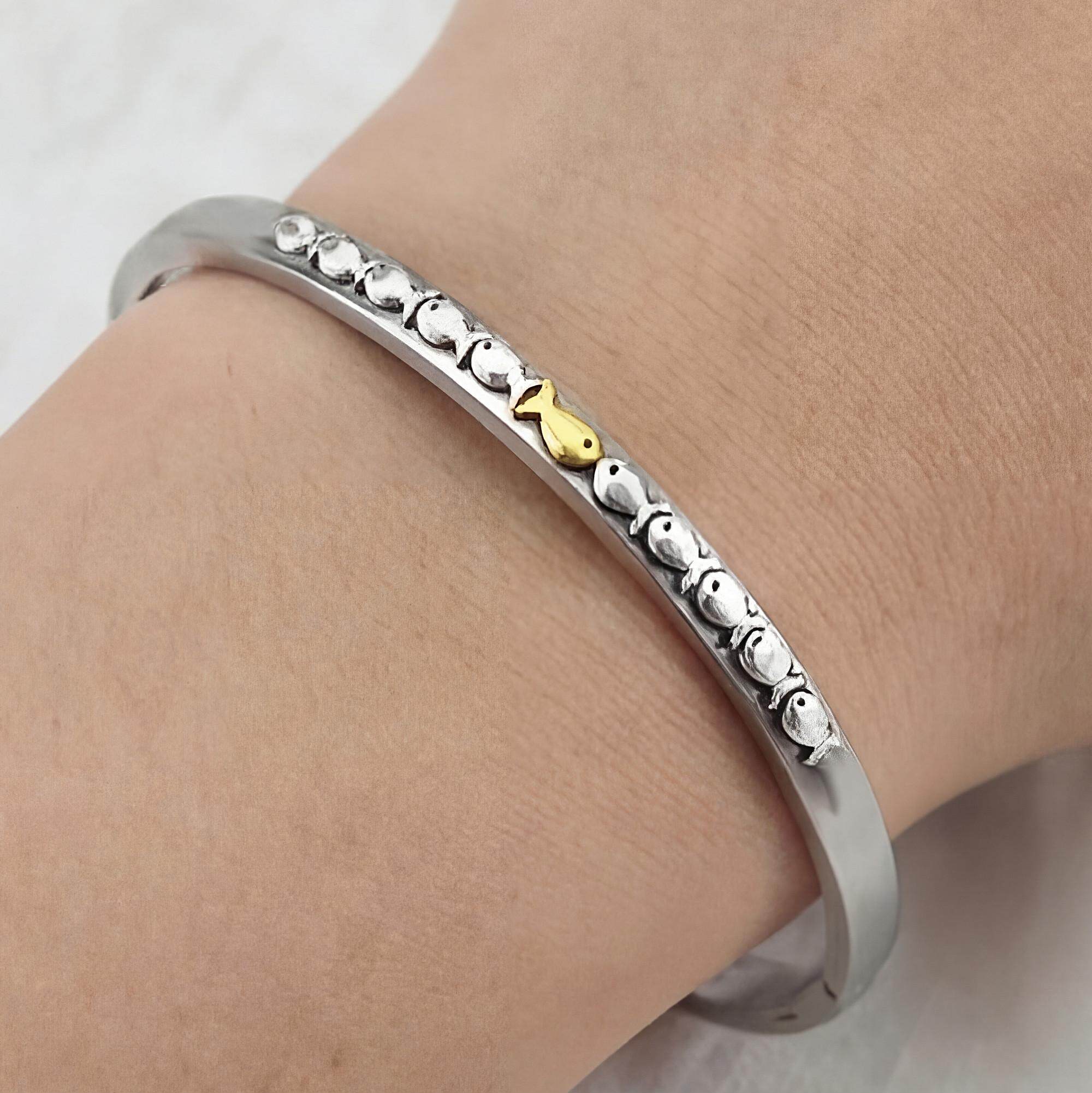 德国代购Bangle▽手作逆流而上小鱼与鱼群手镯纯银小众设计感手链
