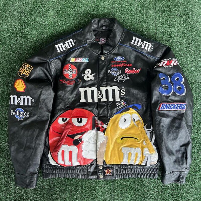 美国代购Black◇古着复古趣味糖果人零食徽章字母黑色皮夹克皮衣