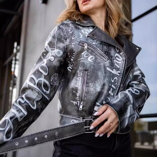 美国代购 手作复古定制手绘街头艺术设计皮革夹克皮衣 Jacket㊣