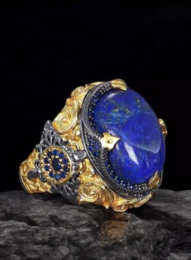 土耳其代购Lapis◇手作复古大号青金石宝石镶嵌纯银雕刻男士戒指
