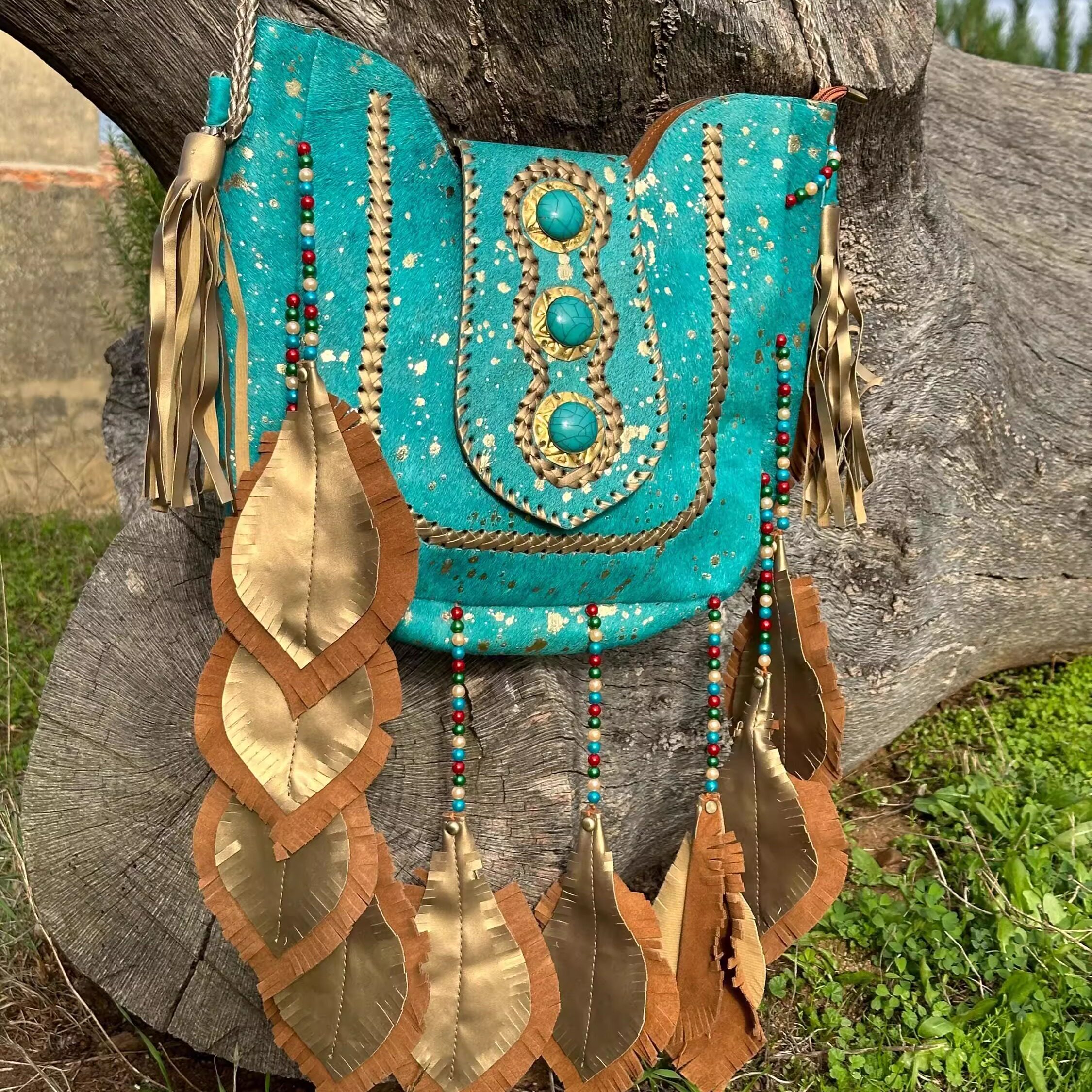 西班牙代购Cowhide 手作波西米亚树叶绿松石牛皮流苏单肩斜挎包