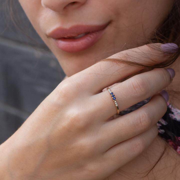 美国代购Promise◇手作简约三颗天然蓝宝石钻石火花纯金订婚戒指