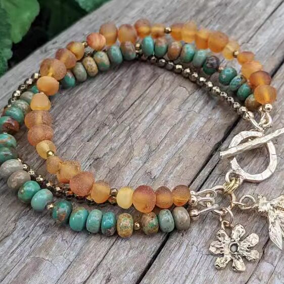 Strand㊣加拿大代购 手作美丽绿松石黄色宝石三层串珠纯银手链