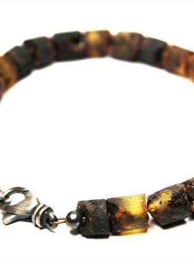 天然原始琥珀手链串珠拉丝纯银扣