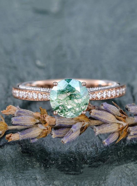 天然绿色苔藓玛瑙钻石戒指玫瑰金