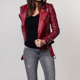 美国代购 Biker◇手作酒红色皮革真皮铆钉镶嵌机车夹克女士皮衣