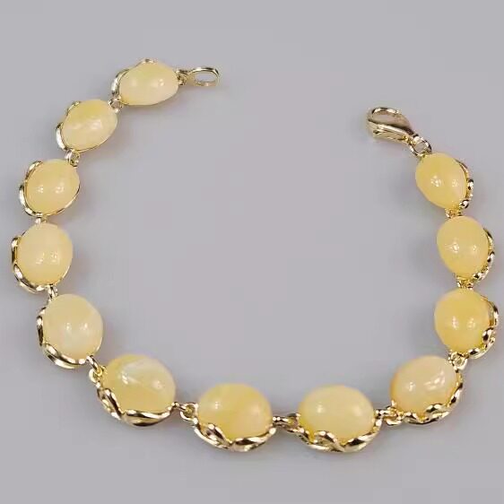 立陶宛代购Bracelet㊣ 手作优雅精致白色琥珀纯银镀金可调节手链