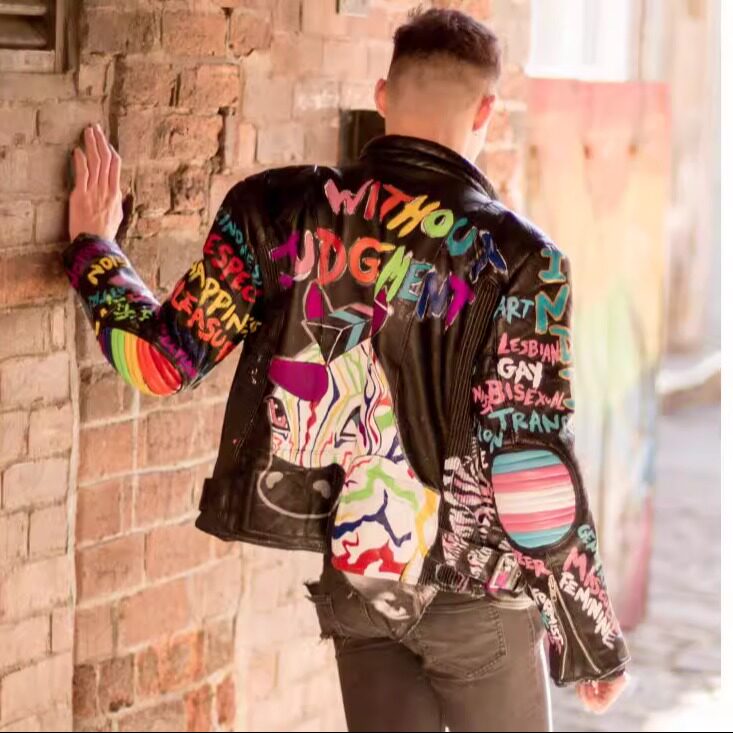 英国代购Jacket㊣ 手作哥特朋克彩色手绘图案机车骑行夹克皮衣