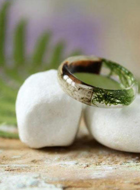 树脂木制桦树树皮绿色苔藓戒指