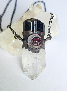 美国代购Quartz◇手作复古天然黑色碧玺透明石英尖石榴石新月项链