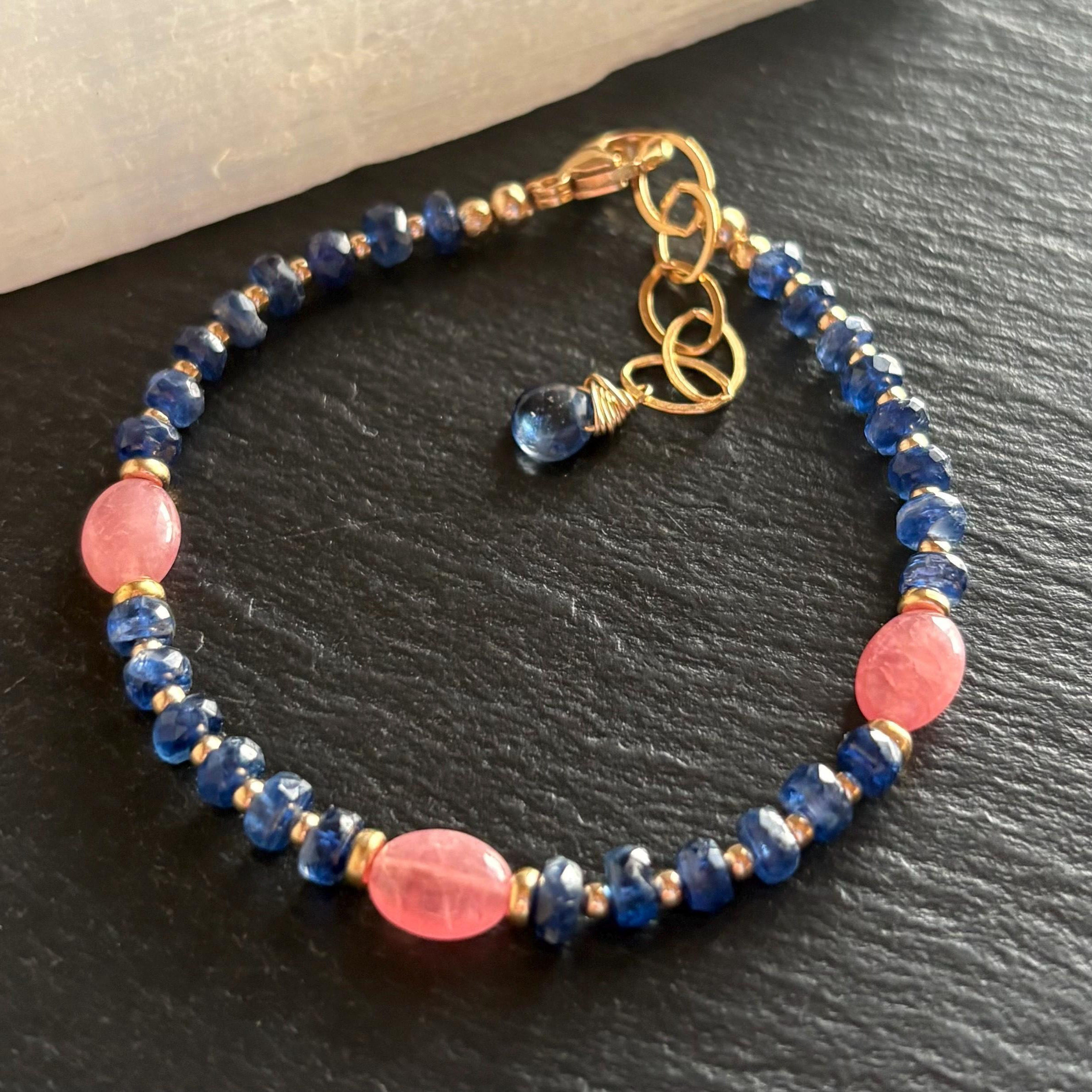 美国代购Bracelet◎手作天然菱锰矿宝石刻面蓝晶石14K镀金手链