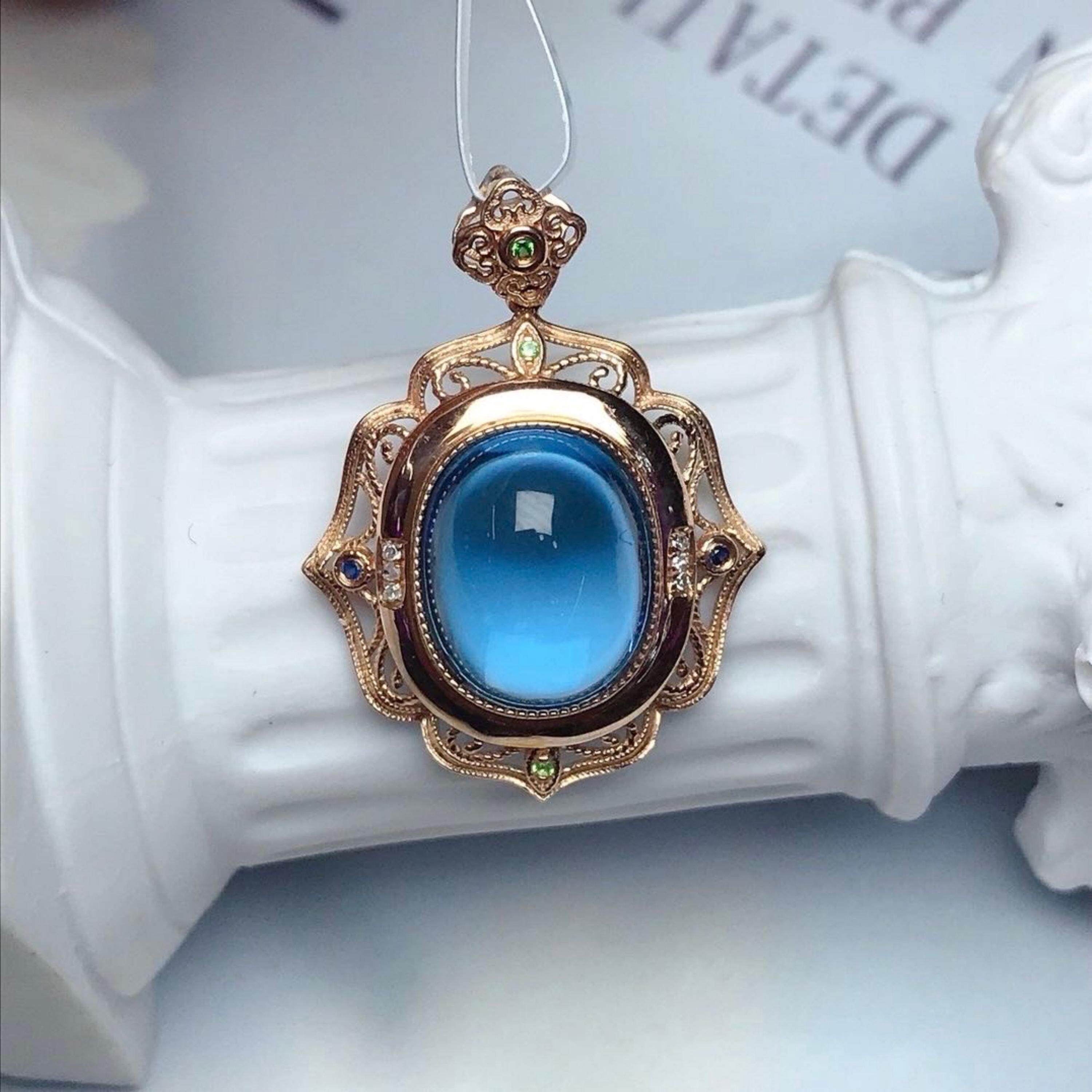 美国代购Pendant㊣ 手作华丽天然蓝色托帕石钻石18k玫瑰金吊坠